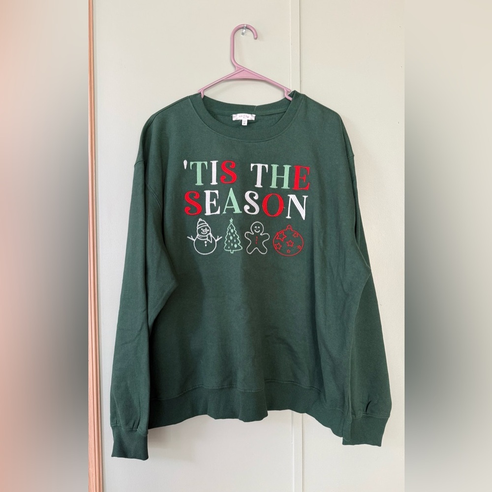 Women's Dark Green Embroidered Sweatshirt "Tis The Season" Holiday Design Sz 2X